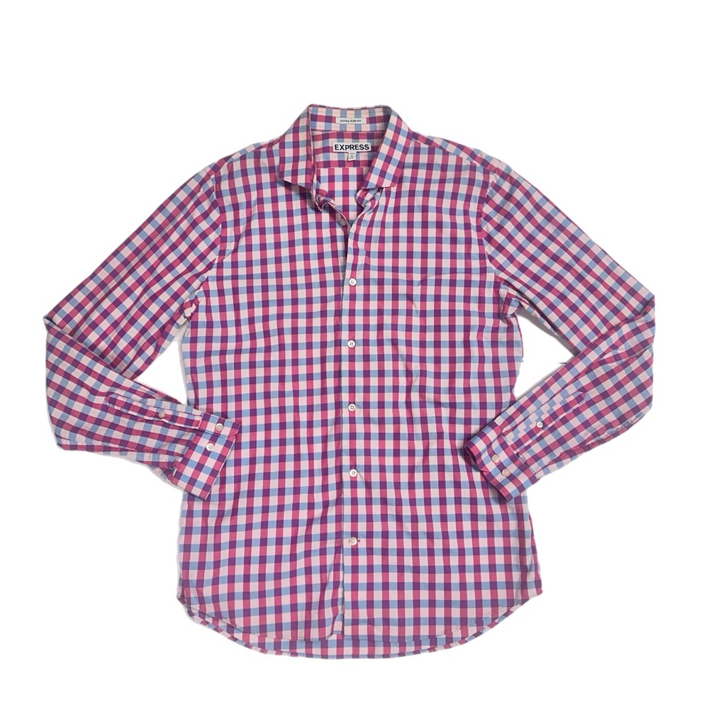 Express Men's Casual Red and Blue Plaid Shirt